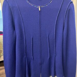 St. John Blue Cardigan with Embellished Neckline